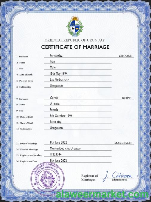 Uruguay marriage certificate PSD template